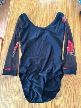 Black Long-Sleeve Floral Mesh Dance Leotard